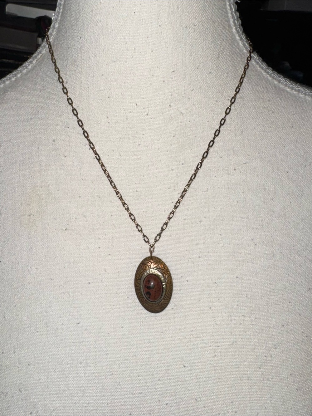 Vintage antique style brass oval pendant necklace boho cabochon
